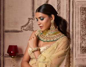 a woman in a gold dress