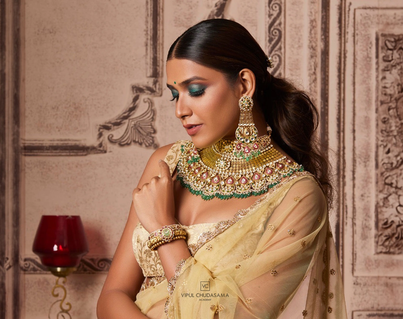 a woman in a gold dress